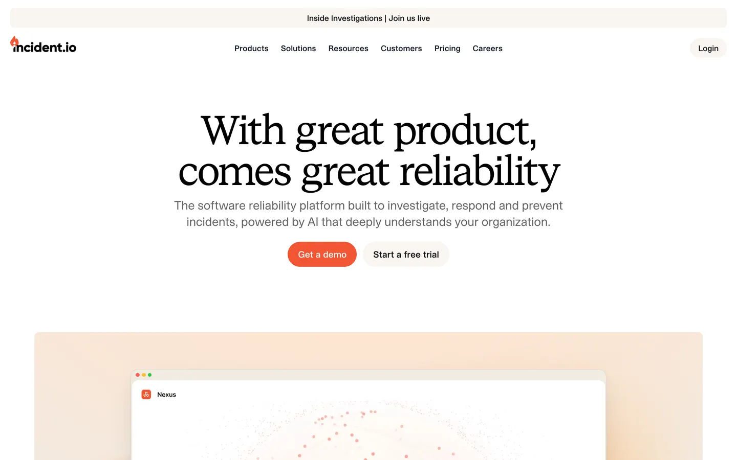 incident.io hero section on 2026-08-29